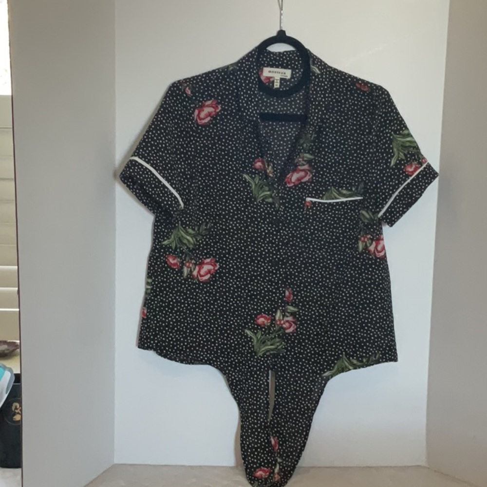 Monteau Black Polka Dot Floral Button Up Blouse